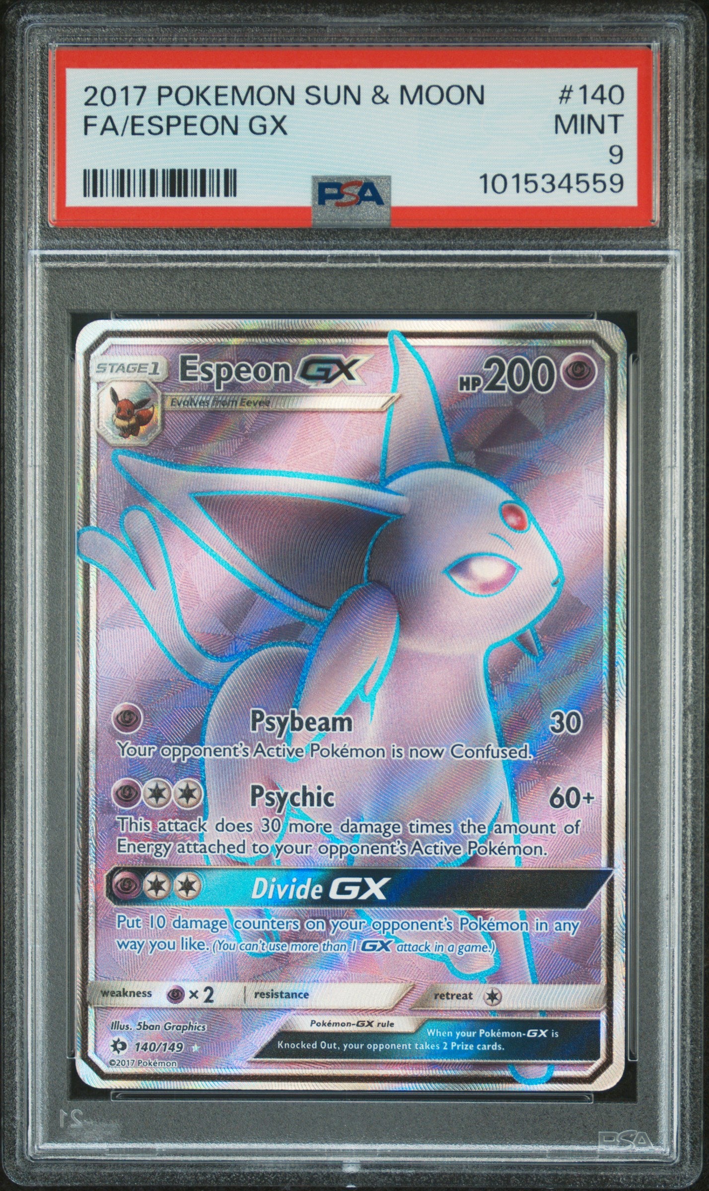 Espeon GX (Full Art) #140 Sun & Moon Base Set Ultra Rare Holofoil PSA 9