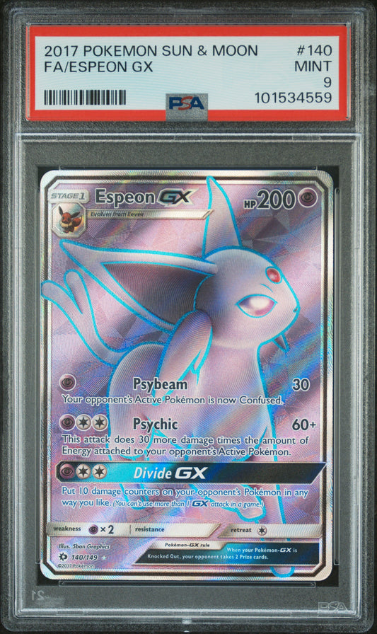 Espeon GX (Full Art) #140 Sun & Moon Base Set Ultra Rare Holofoil PSA 9