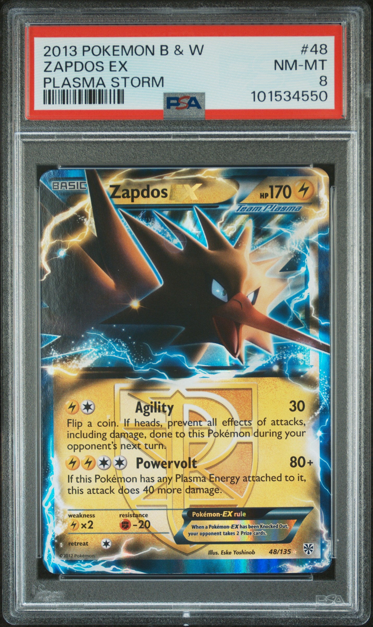 Zapdos EX (Team Plasma) #48 Plasma Storm Ultra Rare Holofoil PSA 8