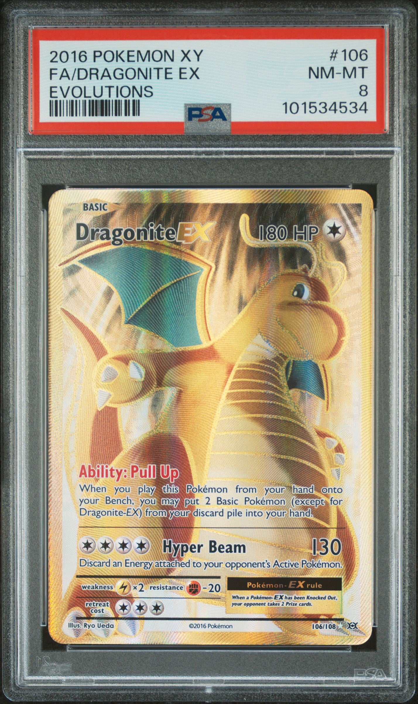 Dragonite EX (Full Art) #106/108 Evolutions Ultra Rare Holofoil PSA 8