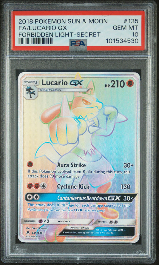 Lucario GX (Secret) #135 Forbidden Light Secret Rare Holofoil PSA 10