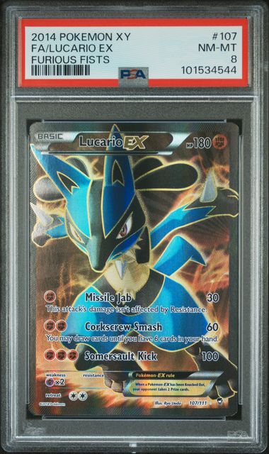 Lucario EX (107 Full Art) #107 Furious Fists Ultra Rare Holofoil PSA 8