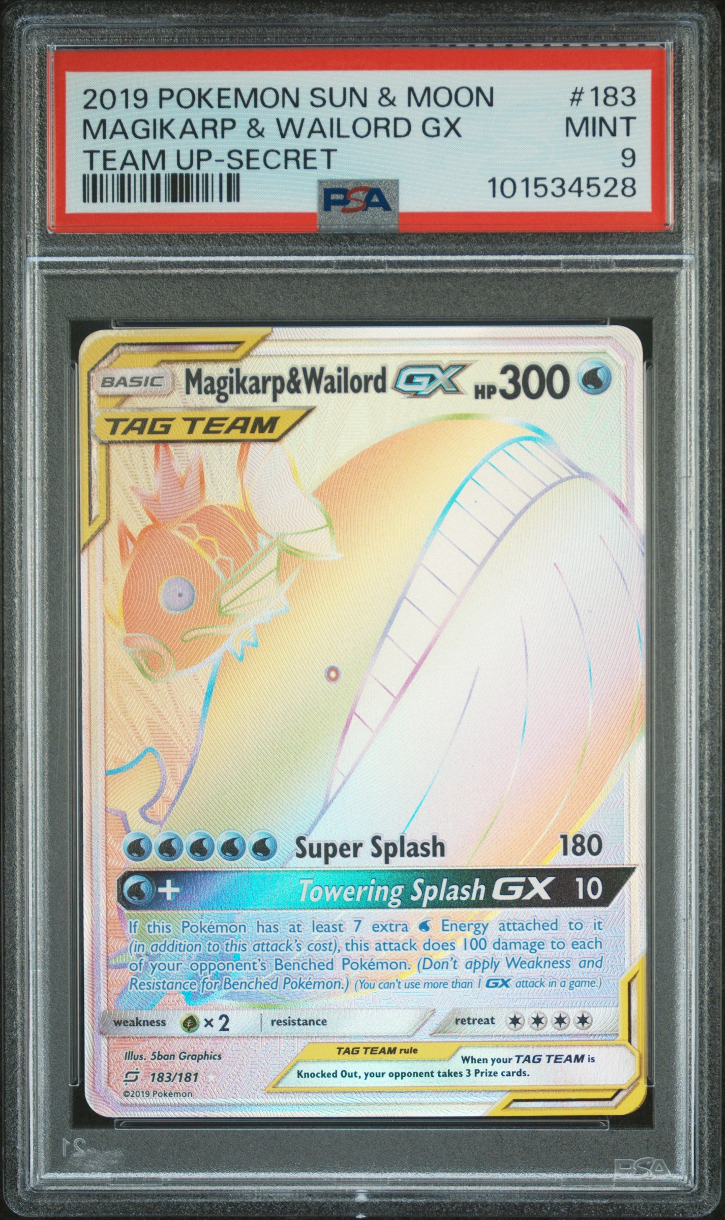 Magikarp & Wailord GX (Secret) #183 Team Up Secret Rare Holofoil PSA 9