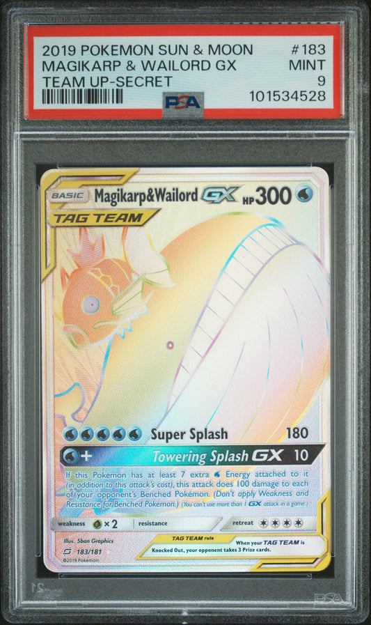 Magikarp & Wailord GX (Secret) #183 Team Up Secret Rare Holofoil PSA 9